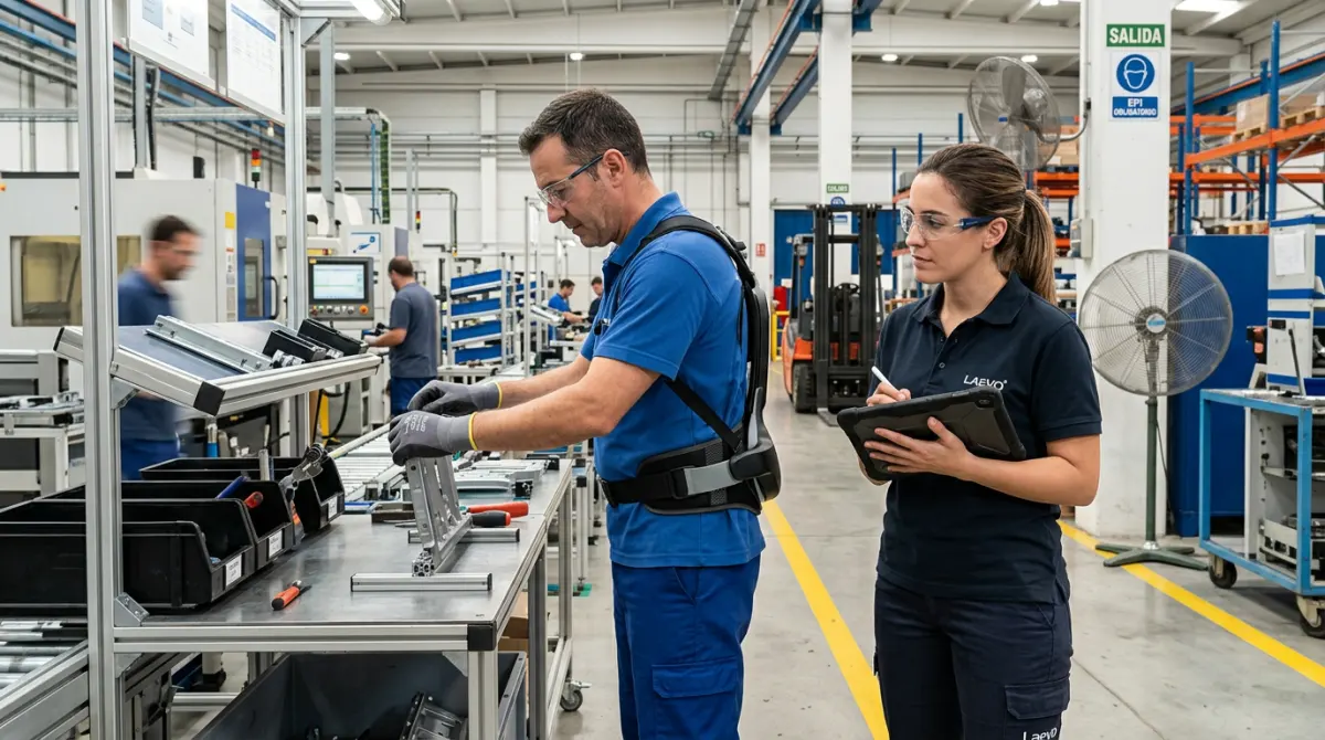Técnico evaluando la implantación de un exoesqueleto ocupacional en una tarea industrial real con operario en planta