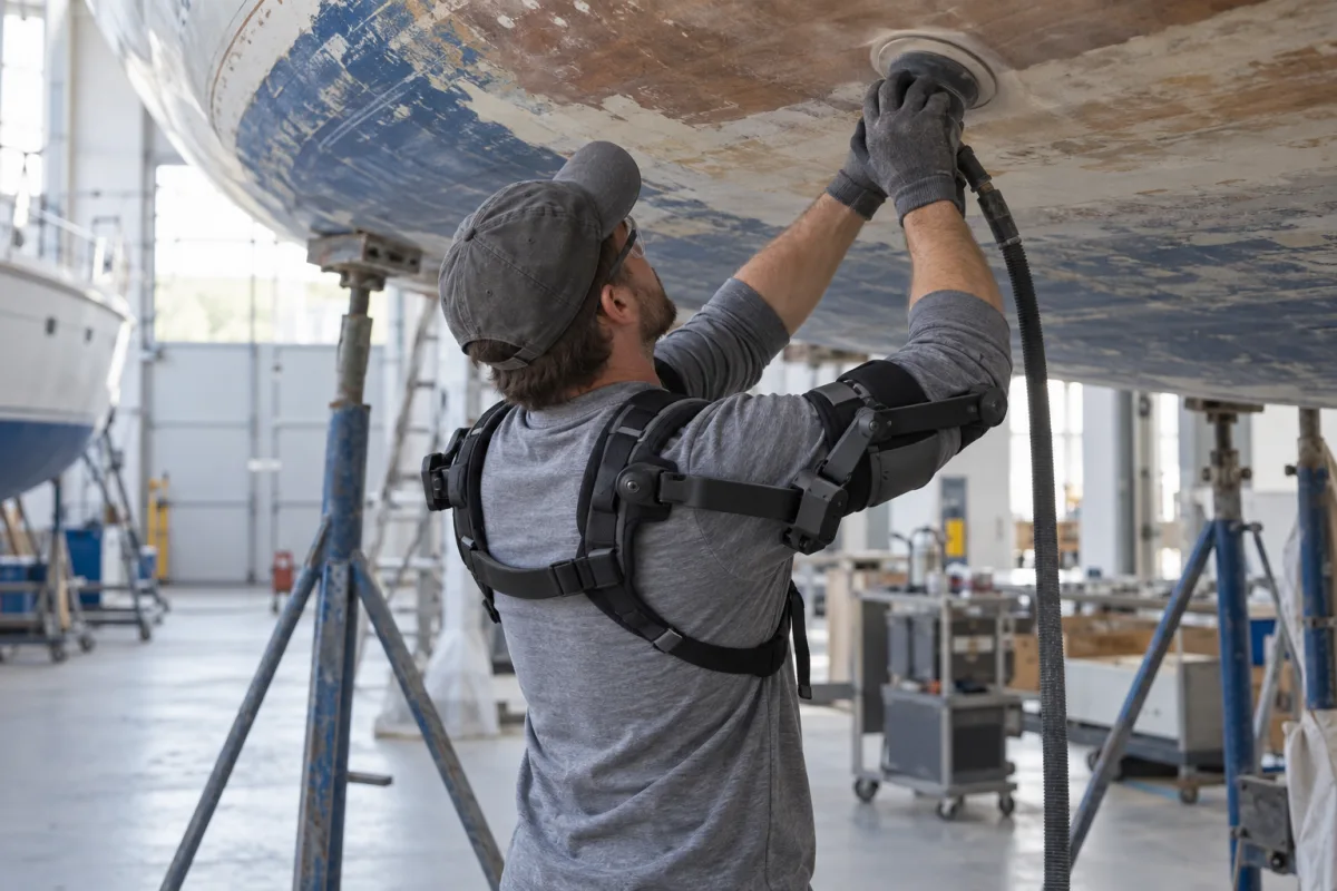 Trabajador en restauración naval realiza una tarea por encima de la cabeza con asistencia de hombro; imagen conceptual, no fotografía del caso