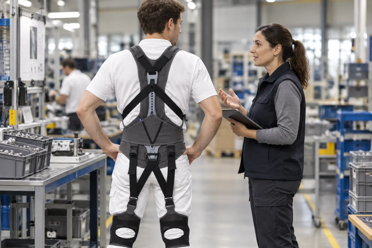 Responsables de producción y prevención conversan con una persona con exoesqueleto lumbar de estética similar al Bb PRO III en una planta