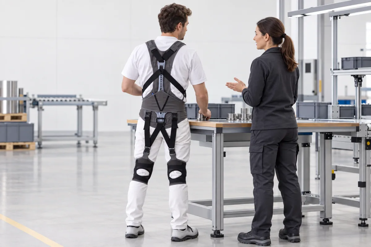 Trabajador y técnica de prevención revisan una tarea industrial junto a un exoesqueleto lumbar conceptual de estética similar al Bb PRO III